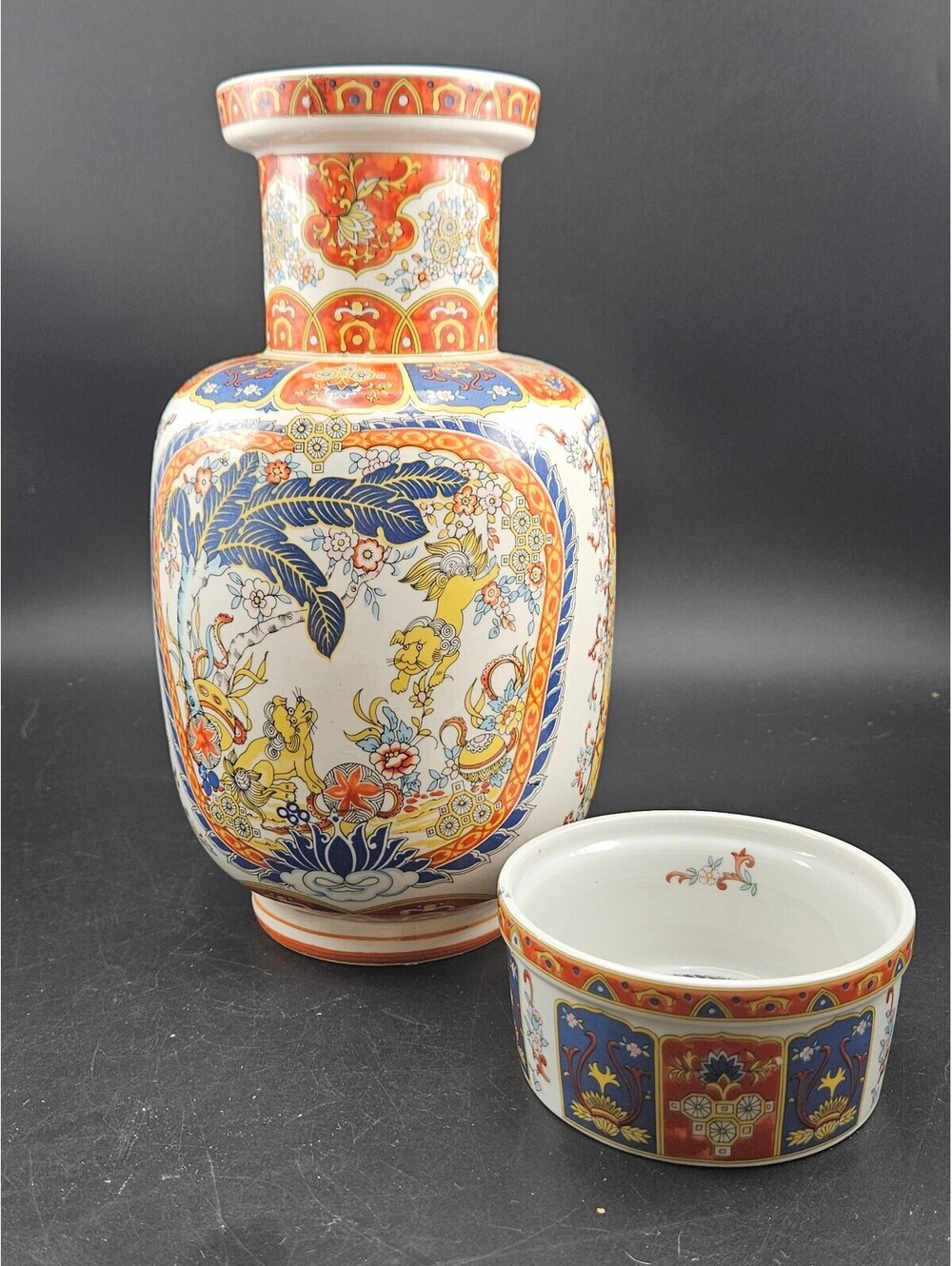 Vtg Mid Century Chinoiserie Foo Dog Vase & Bowl Set Eken & Ardalt Italian Style